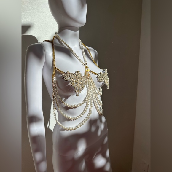 Mermaid Pearl Rhinestone & Gold Chain Jewelry Top fits B-D cup Handmade Unique - Picture 11 of 15